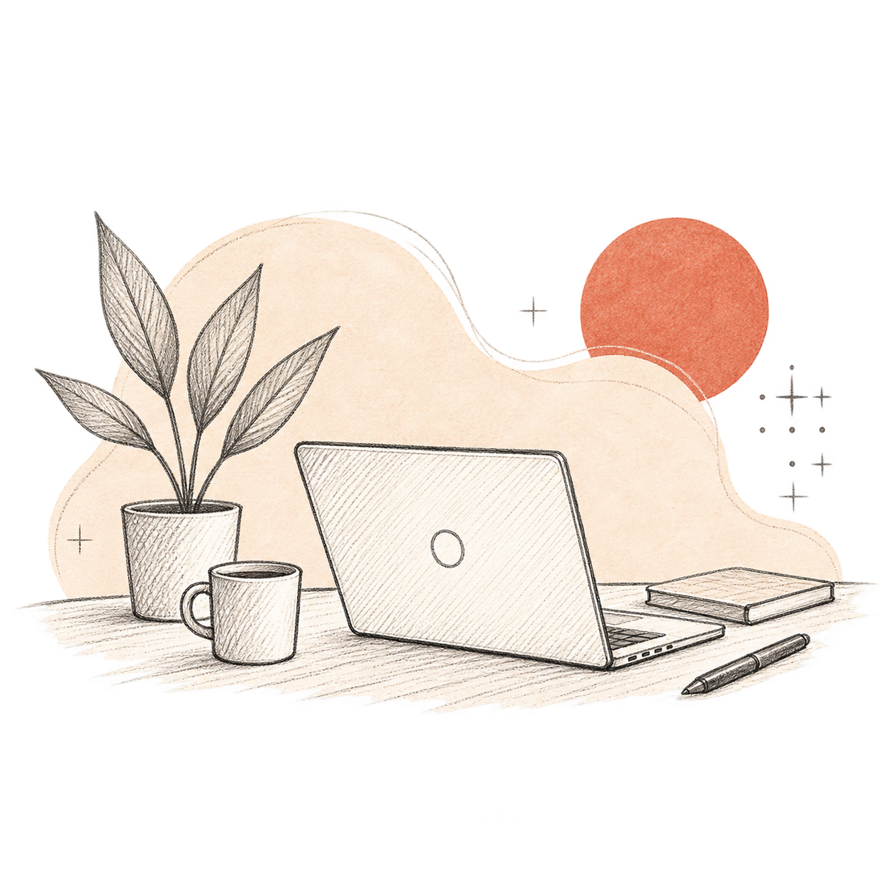Hand-drawn illustration of a laptop, plant, and coffee on a desk