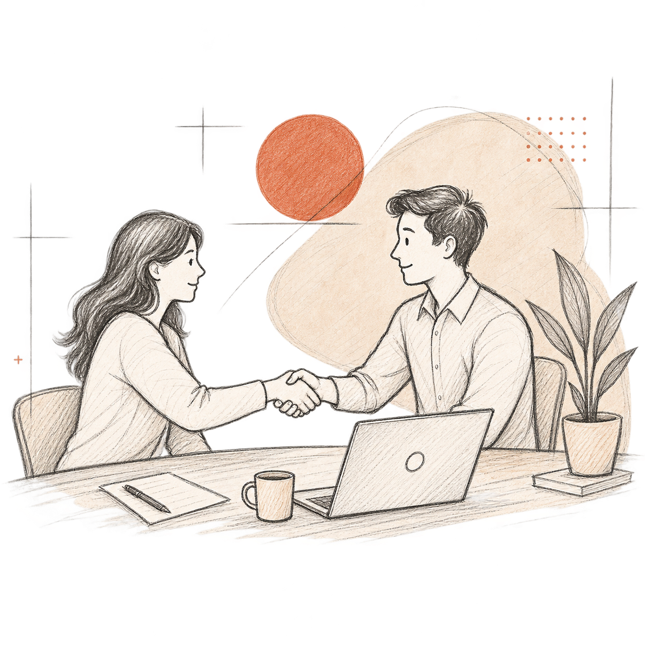 Hand-drawn illustration of two people shaking hands across a desk